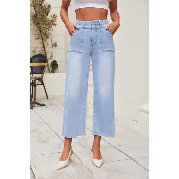 Women's High Rise Cropped Wide Leg Denim Pants Two Button Frayed Hem - Picture 5 of 7